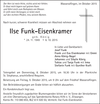 Traueranzeige von Ilse Funk-Eisenkramer von Schwäbische Post
