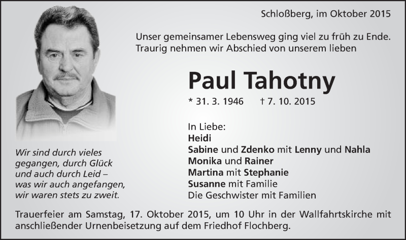  Traueranzeige für Paul Tahotny vom 14.10.2015 aus Schwäbische Post