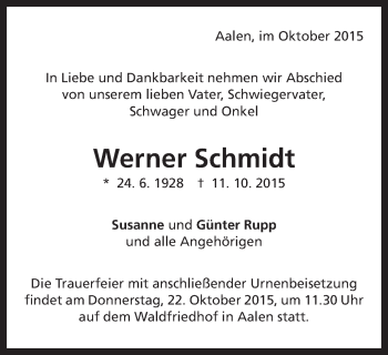 Traueranzeige von Werner Schmidt von Schwäbische Post