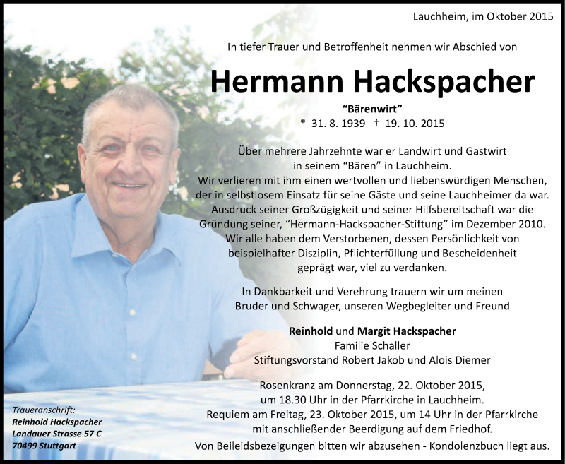  Traueranzeige für Hermann Hackspacher vom 20.10.2015 aus Schwäbische Post
