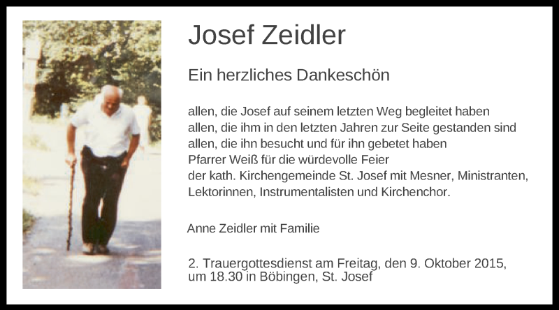  Traueranzeige für Josef Zeidler vom 01.10.2015 aus Gmünder Tagespost