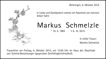 Traueranzeige von Markus Schmelzle von Gmünder Tagespost
