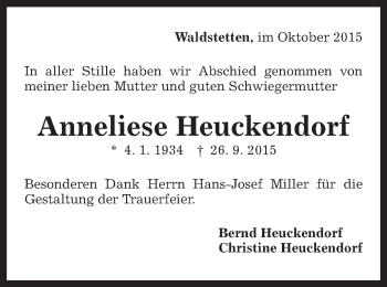Traueranzeige von Anneliese Heuckendorf von Gmünder Tagespost