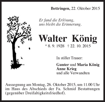 Traueranzeige von Walter König von Gmünder Tagespost