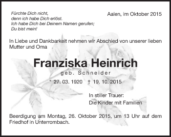Traueranzeige von Franziska Heinrich von Schwäbische Post