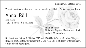 Traueranzeige von Anna Röll von Gmünder Tagespost