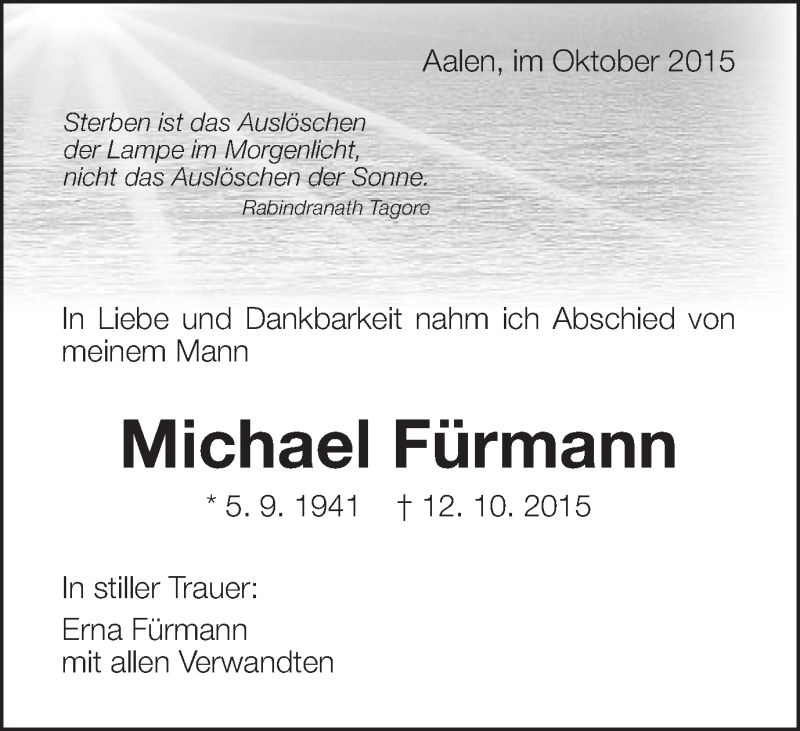  Traueranzeige für Michael Fürmann vom 17.10.2015 aus Schwäbische Post