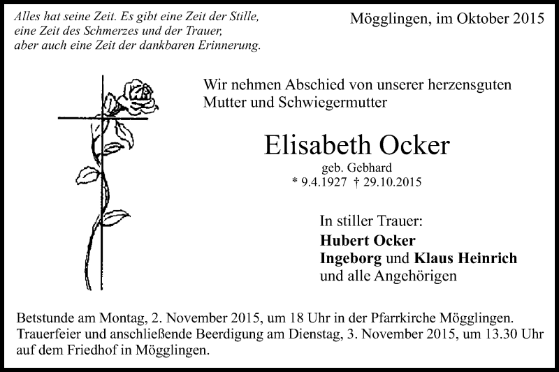  Traueranzeige für Elisabeth Ocker vom 31.10.2015 aus Gmünder Tagespost