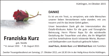 Traueranzeige von Franziska Kurz von Schwäbische Post