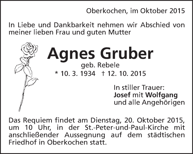  Traueranzeige für Agnes Gruber vom 17.10.2015 aus Schwäbische Post