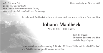 Traueranzeige von Johann Maulbeck von Schwäbische Post