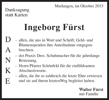 Traueranzeige von Ingeborg Fürst von Gmünder Tagespost