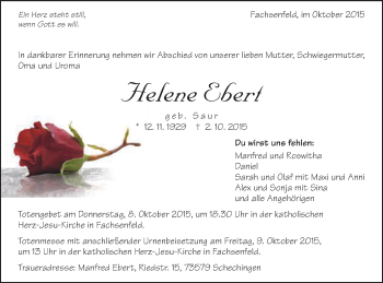 Traueranzeige von Helene Ebert von Schwäbische Post