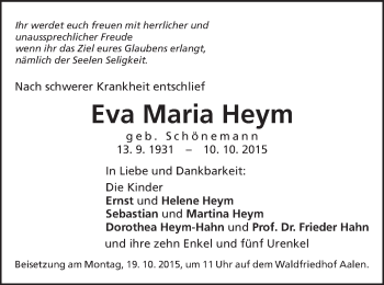 Traueranzeige von Eva Maria Heym von Schwäbische Post