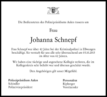 Traueranzeige von Johanna Schnepf von Schwäbische Post