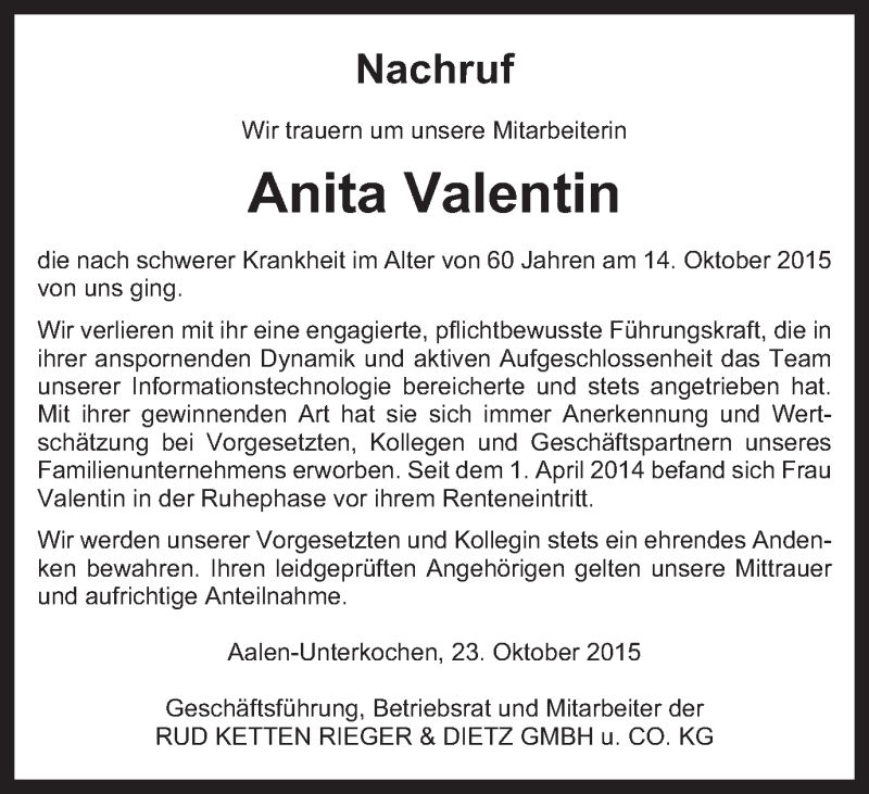  Traueranzeige für Anita Valentin vom 23.10.2015 aus Schwäbische Post