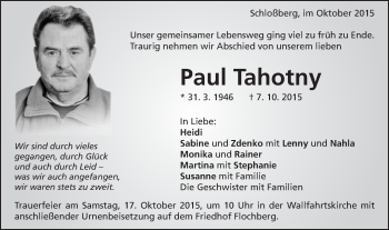 Traueranzeige von Paul Tahotny von Schwäbische Post