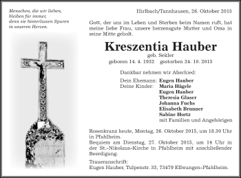 Traueranzeige von Kreszenzia Hauber von Schwäbische Post