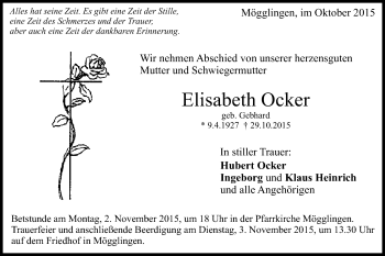 Traueranzeige von Elisabeth Ocker von Gmünder Tagespost
