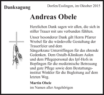 Traueranzeige von Andreas Obele von Schwäbische Post
