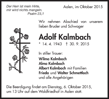 Traueranzeige von Adolf Kalmbach von Schwäbische Post