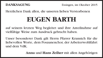 Traueranzeige von Eugen Barth von Schwäbische Post