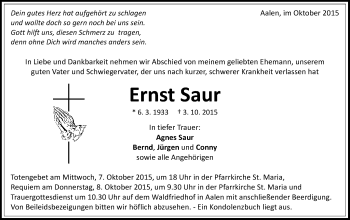 Traueranzeige von Ernst Saur von Schwäbische Post