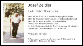 Traueranzeige von Josef Zeidler von Gmünder Tagespost