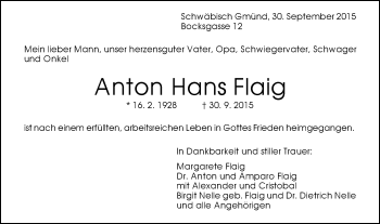 Traueranzeige von Anton Hans Flaig von Gmünder Tagespost