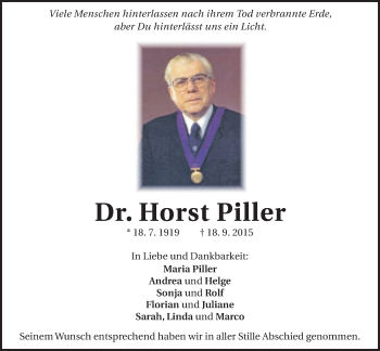 Traueranzeige von Horst Piller von Schwäbische Post