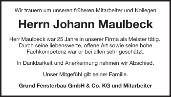 Traueranzeige von Johann Maulbeck von Schwäbische Post
