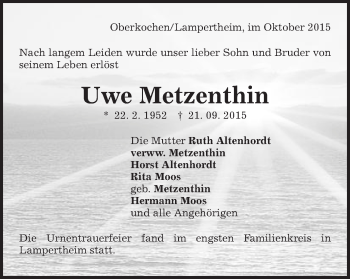 Traueranzeige von Uwe Metzenthin von Schwäbische Post