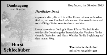 Traueranzeige von Horst Schleehuber von Schwäbische Post
