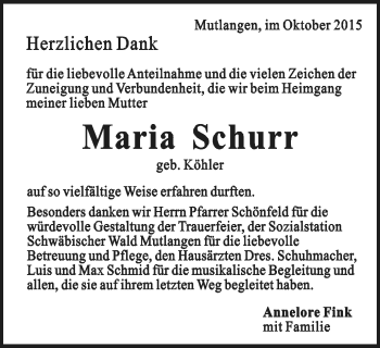 Traueranzeige von Maria Schurr von Gmünder Tagespost