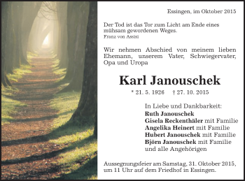 Traueranzeige von Karl Janouschek von Schwäbische Post