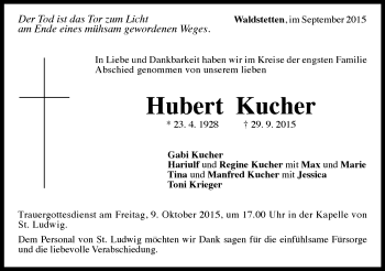 Traueranzeige von Hubert Kucher von Gmünder Tagespost