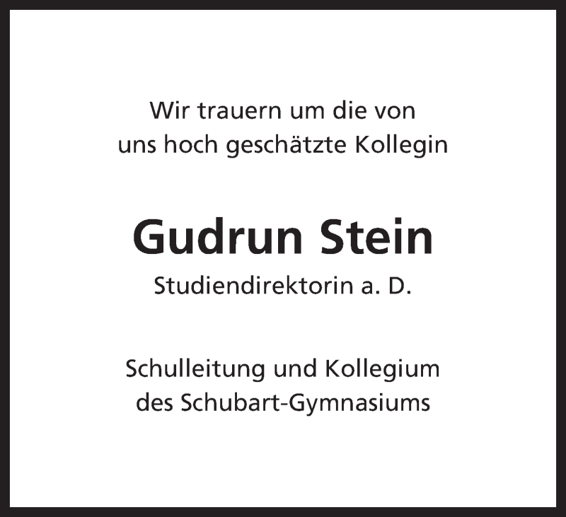  Traueranzeige für Gudrun Stein vom 17.10.2015 aus Schwäbische Post