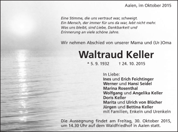 Traueranzeige von Waltraud Keller von Schwäbische Post