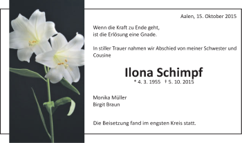 Traueranzeige von Ilona Schimpf von Schwäbische Post