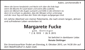 Traueranzeige von Margarete Fucke von Schwäbische Post