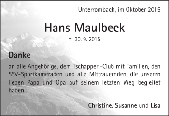 Traueranzeige von Hans Maulbeck von Schwäbische Post
