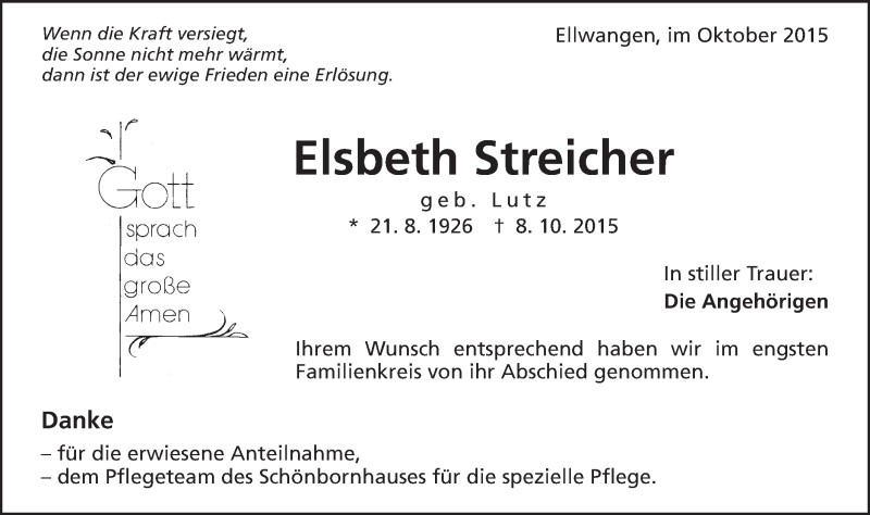  Traueranzeige für Elsbeth Streicher vom 21.10.2015 aus Schwäbische Post