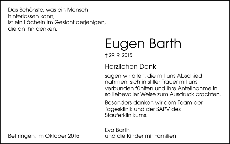  Traueranzeige für Eugen Barth vom 15.10.2015 aus Gmünder Tagespost