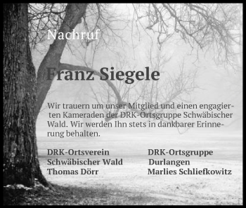 Traueranzeige von Franz Siegele von Gmünder Tagespost