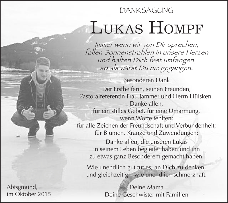  Traueranzeige für Lukas Hompf vom 24.10.2015 aus Schwäbische Post