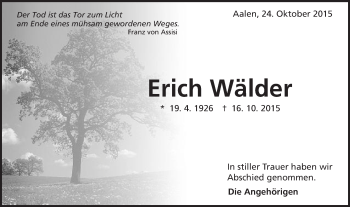 Traueranzeige von Erich Wälder von Schwäbische Post