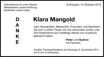 Traueranzeige von Klara Mangold von Schwäbische Post