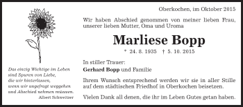 Traueranzeige von Marliese Bopp von Schwäbische Post