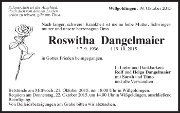 Traueranzeige von Roswitha Dangelmaier von Gmünder Tagespost