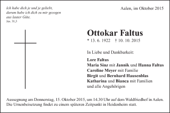 Traueranzeige von Ottokar Faltus von Schwäbische Post